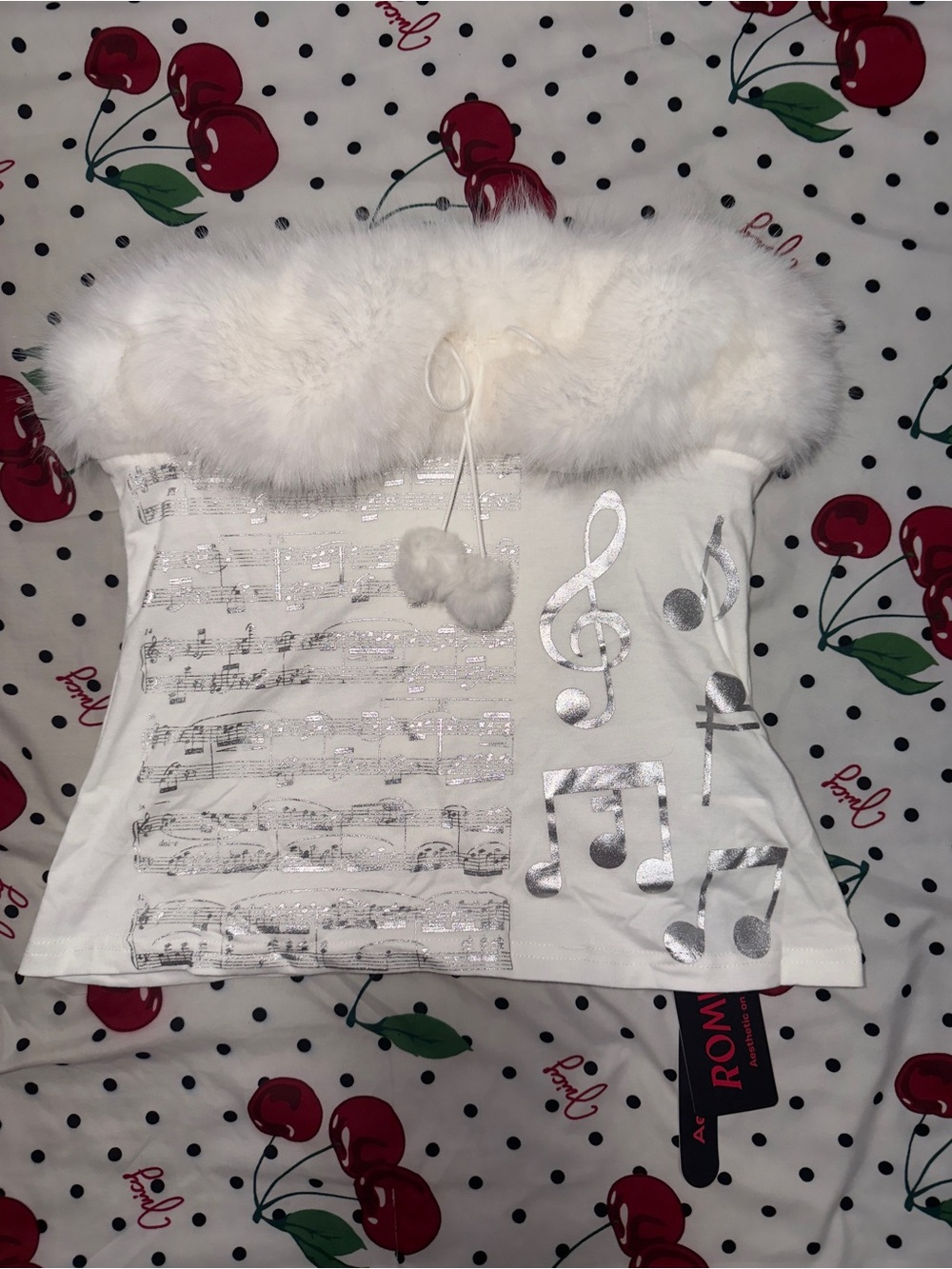 White Musical Note Fur-Trim Top